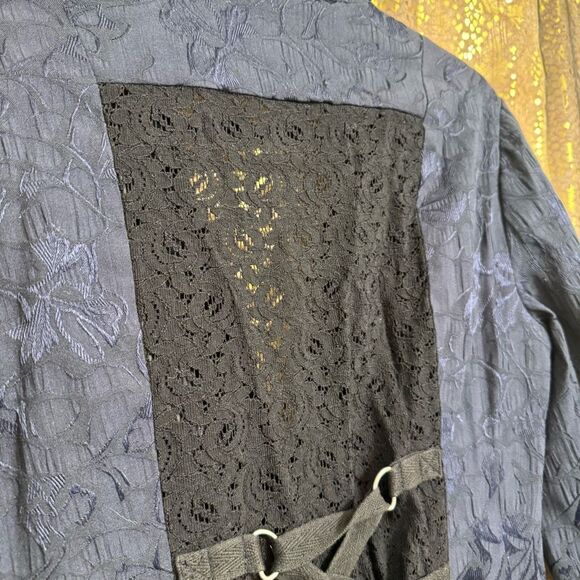Free People Navy Blue Victorian Jacquard Lace Tie Back Button Blazer Size 8 - Picture 7 of 8